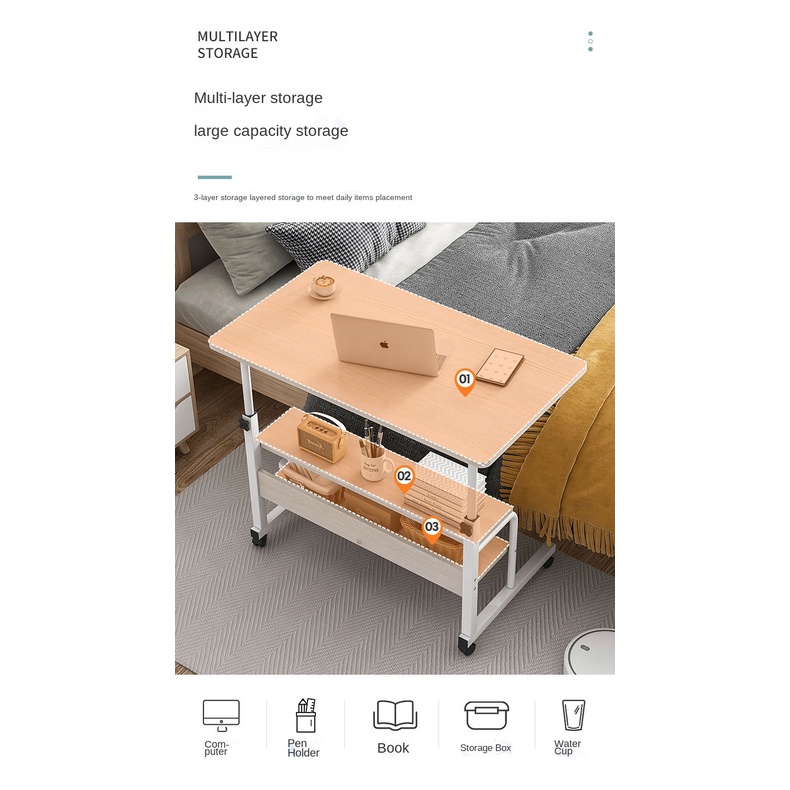 Meja Laptop Minimalis modern 3 susun Meja komputer Computer tinggi bisa di setting Adjustable Portable Laptop Desk Tiga Tingkat meja kayu Wooden Laptop Table with Wheels Shelf Storage Height Adjustable Laptop Desk Computer Stand Desk for Sofa Bed Beside