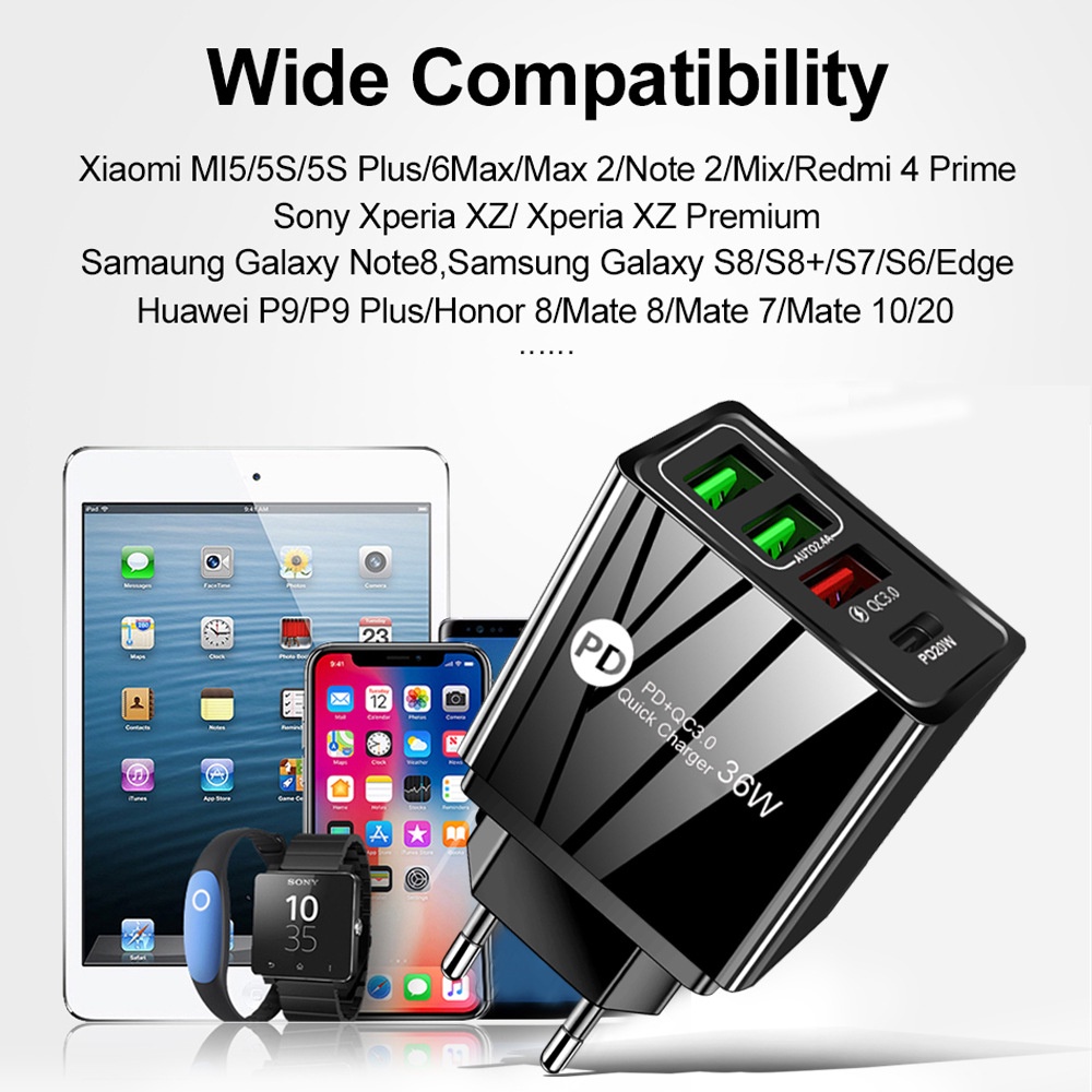 Adapter Power Charger 36W 3 Port Usb-A + Tipe-C 4 Port QC3.0 + PD Portable Untuk Iphone / Android