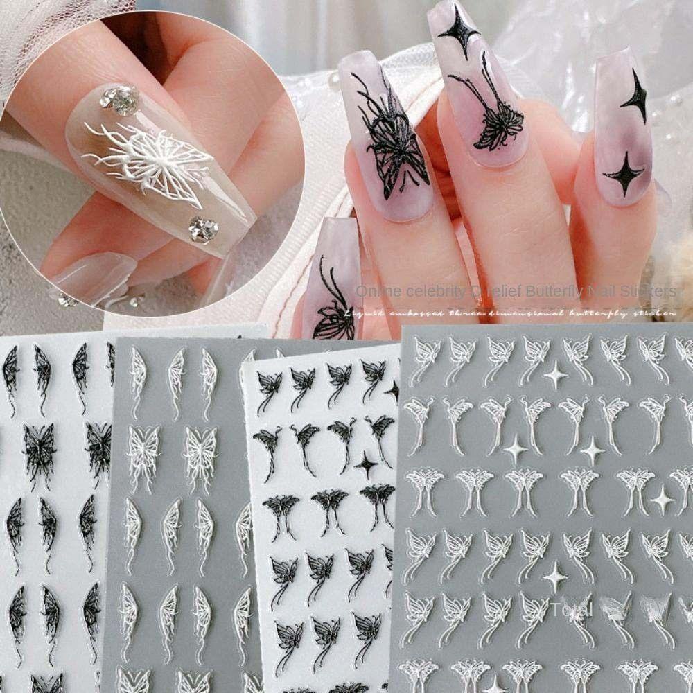 Mxbeauty Stiker Kuku Kupu-Kupu Korea Ins Style Hitam Putih Sayap Kupu-Kupu Hollow Butterfly Nail Art Dekorasi