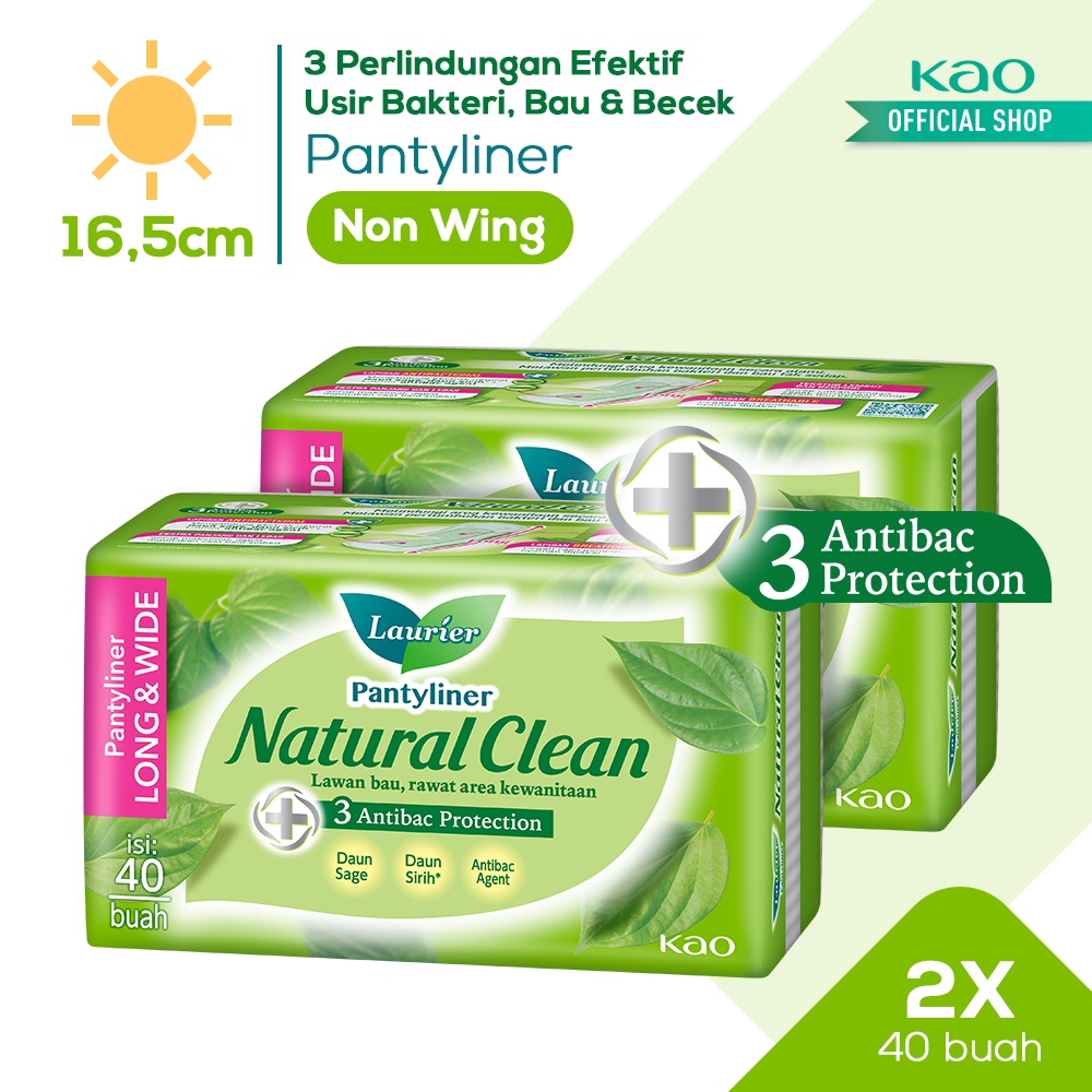 Laurier Natural Clean Pantyliner Daun Sirih Anti Bakteri Long &amp; Wide - Bersih Alami Cegah Bau Isi 40 Buah Twin Pack