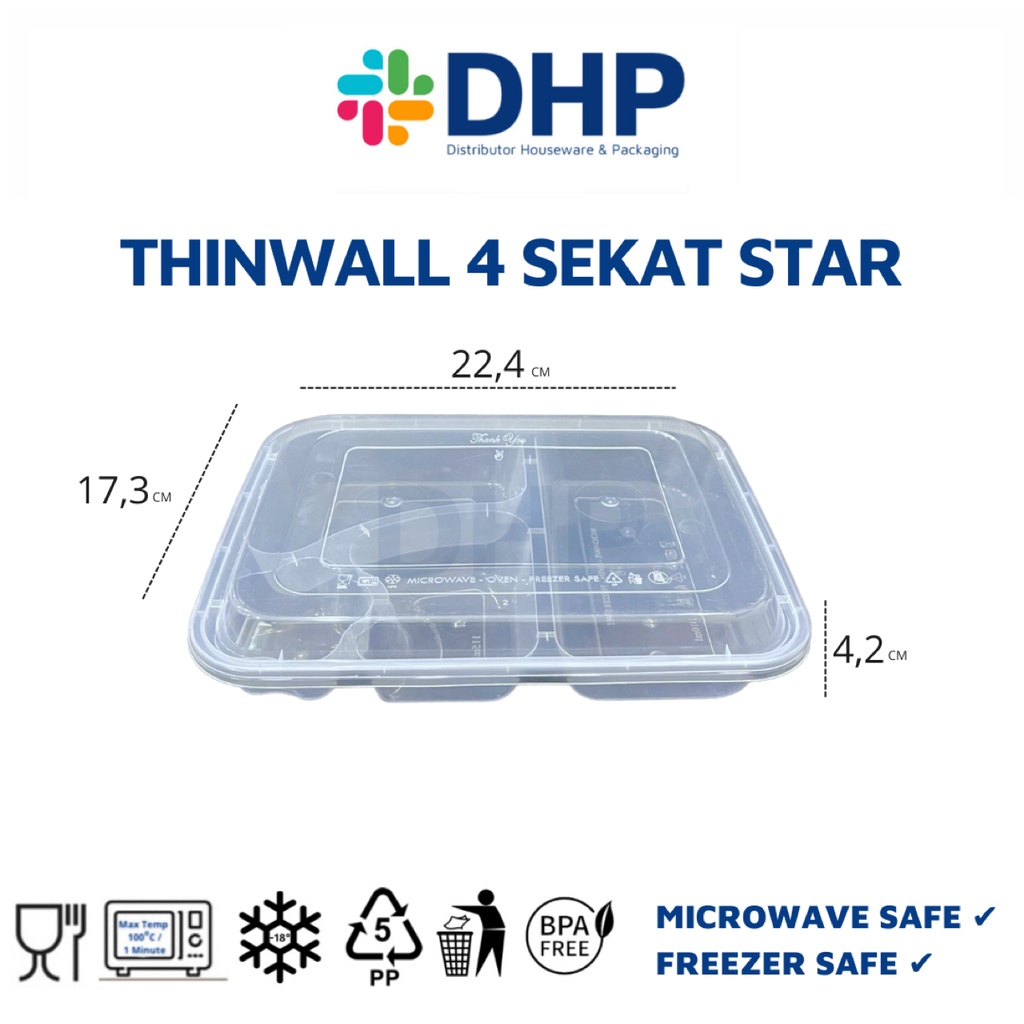 Thinwall Bento 4 Sekat STAR + Tutup Box Kotak Nasi Plastik Food Container Kotak Makan (ECERAN)