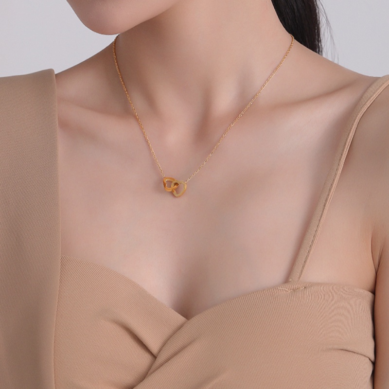 Papaozhu Chic Emas Berongga Hati Ke Hati Liontin Kalung Untuk Wanita Perempuan Minimalis Cinta Ganda Hati Tulang Selangka Rantai Necklaces