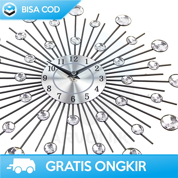 WALL CLOCK UNIK DESAIN ELEGAN LUXURY DIAMOND JAM DINDING QUARTZ SILVER