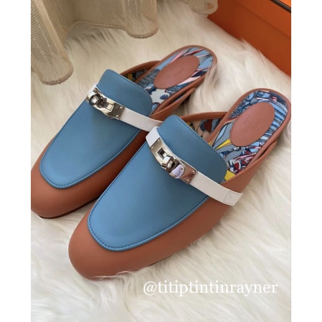 SEPATU HERMESS NEW OZ MULES BLUE NATUREL