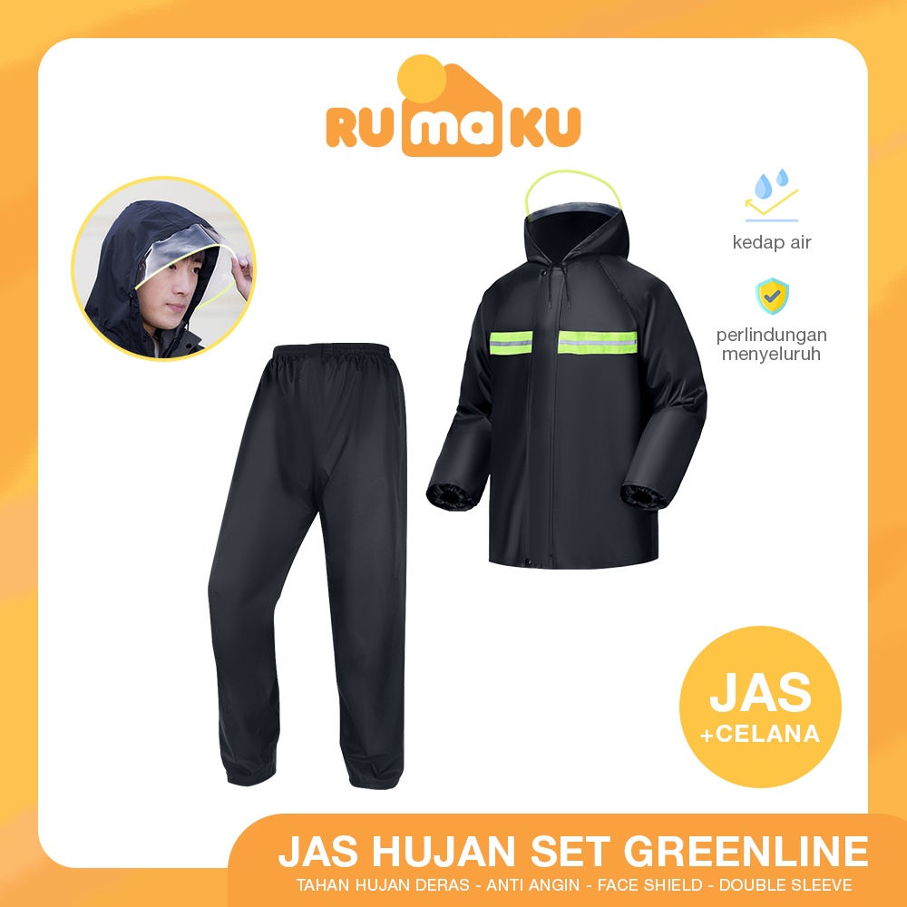 Rumaku Jas Hujan Setelan Premium All Size Pria Wanita Mantel Hujan Tebal Anti Angin Green Line