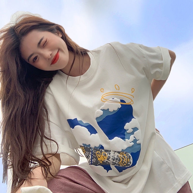 AMBER Kaos Atasan Wanita Lengan Pendek Oversize Printed T-shirt Baju Wanita Kekinian Korean Style