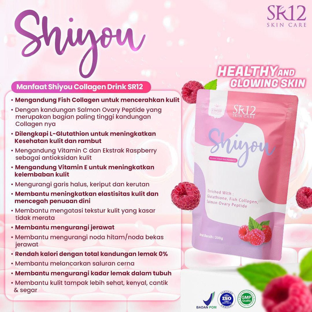 SR12 Shiyou Collagen 200gr Raspberry Minuman Kolagen Pemutih Badan Mencegah Kulit Keriput Kerutan BPOM