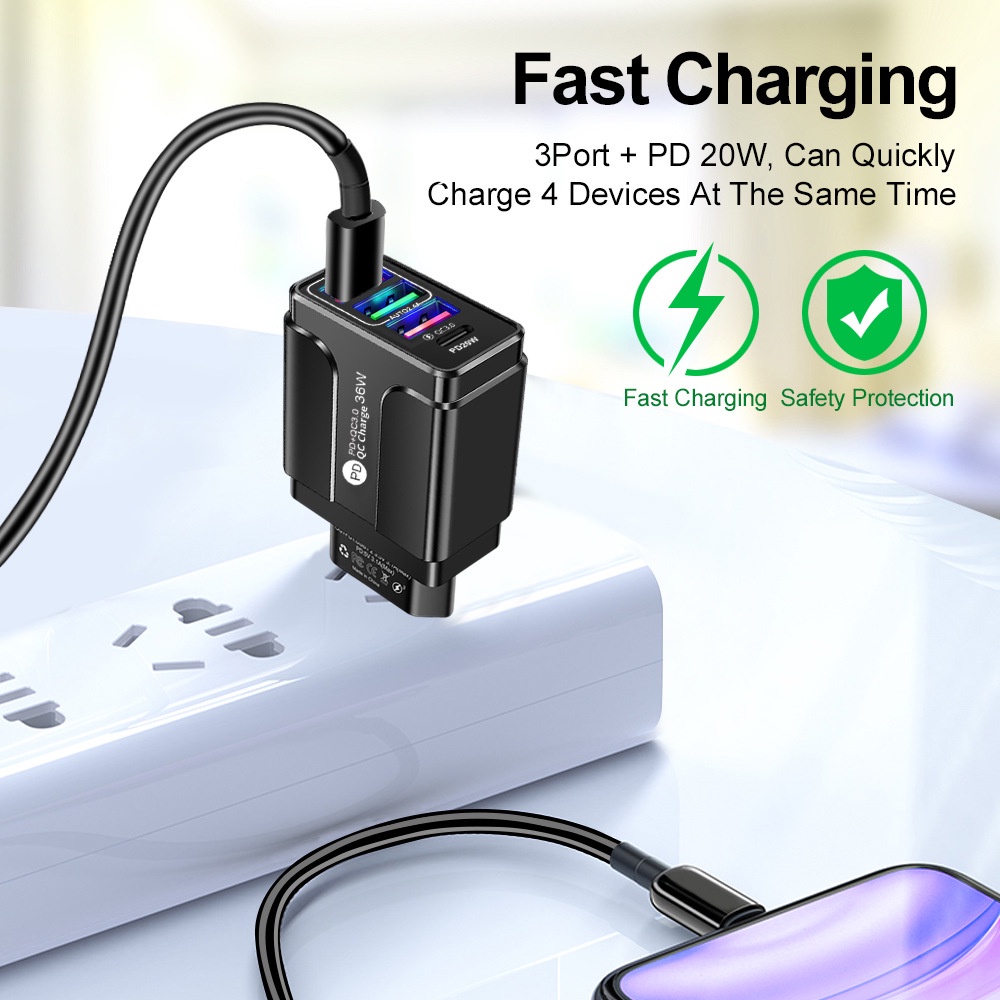 Adapter Charger 3 Port Usb QC3.0 + PD 4 Port 5V / 9V / 12V Portable Untuk Iphone Android