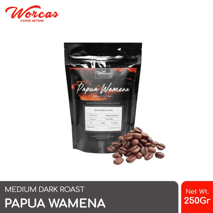 

BAYAR DITEMPAT WORCAS Arabica Coffee Papua Wamena 250 Gram Medium Dark Roast /KOPI RUBE/KOPI