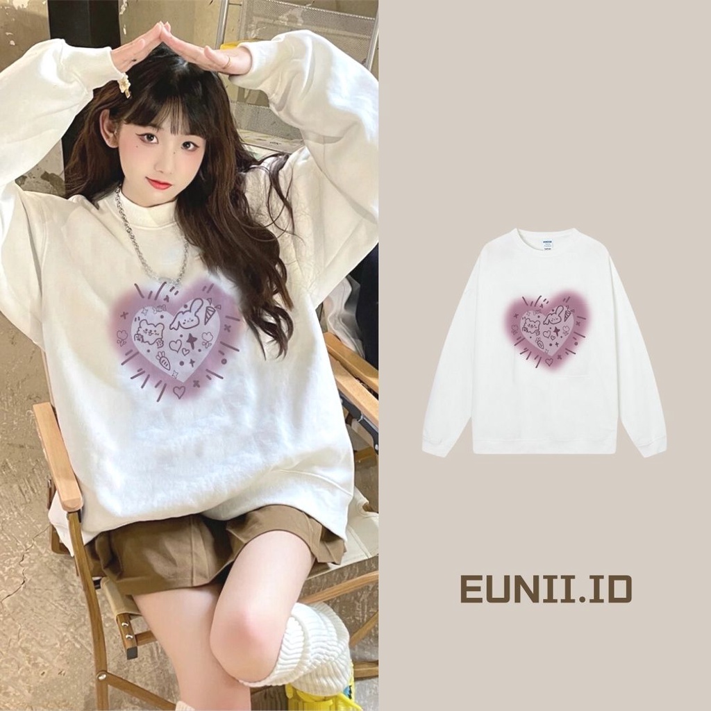 EUNII Sweater Lengan Panjang Cute Love Rabbit Korean Style/Hoodie Oversize/Baju Wanita/Switer Wanita