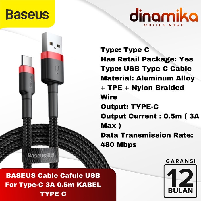 BASEUS Kabel Data Fast Charger Cable Cafule USB For Type-C 3A 1M KABEL TYPE C