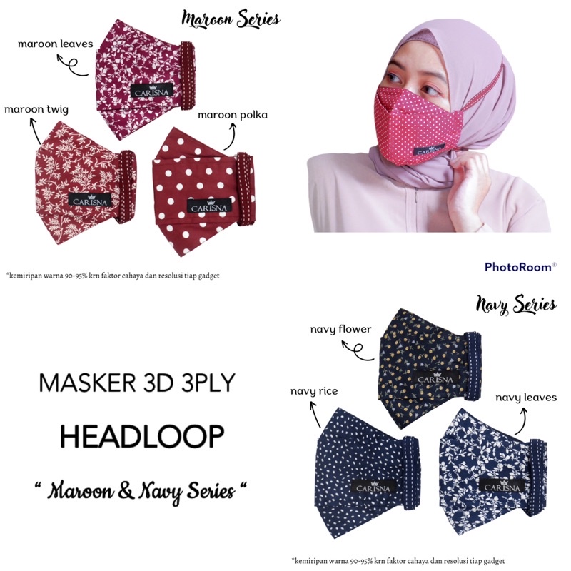 MASKER KAIN 3D 3PLY HEADLOOP STOPPER ORIGAMI NON MEDIS HIJAB “Maroon &amp; Navy Series”