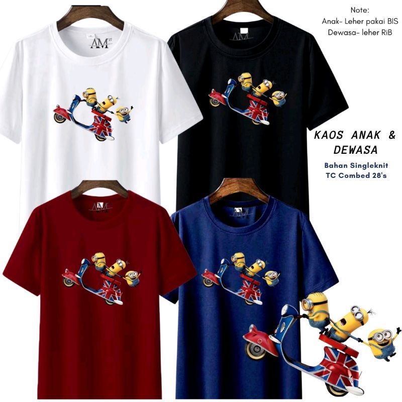 Baju Kaos Atasan Anak Cowok Dan Cewek 1-15Tahun Remaja/Dewasa Minion Vespa Ukuran S-5XL MAROON HITAM