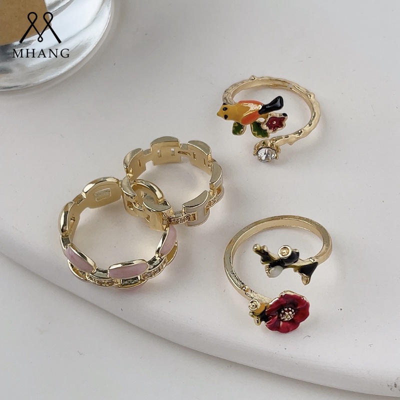 Mhang Cincin Model Terbuka Bahan Metal Desain Mawar Merah Hias Zircon Gaya Vintage Untuk Wanita