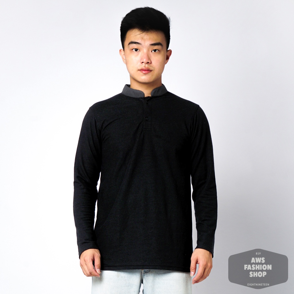 819 Kaos Polo Pria Polo Shirt Kerah Shanghai Lengan Panjang Warna Hitam Black Kombinasi Kerah Abu Tua Casual Tersedia Ready Sampai Size JUMBO BIG SIZE XXL XXXL