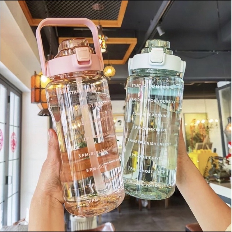 Botol Minum Viral Jumbo 2 LITER Motivasi Sticker 2D 3D Penanda waktu Tritan Quifit Handle BENING 200