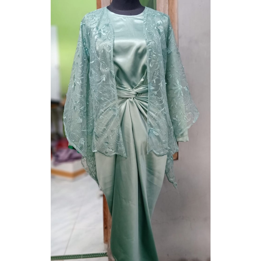 One Set 3in1 (Outer+Blouse+Wrap Skirt) Rok Lilit Instant, Blouse Inner Manset Lengan Panjang Satin Velvet Polos Premium &amp; Oter Tile Mutiara