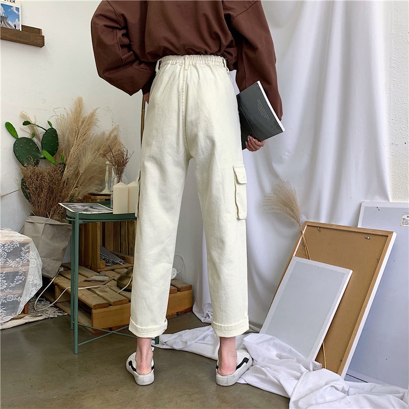 Import Highwaist Loose Boyfriend Cargo Jeans / Cargo Jeans Krem / Hitam