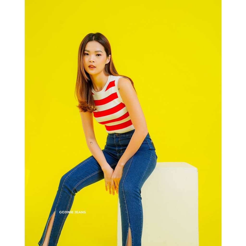 GOJINIEJEANS - Highwaist Tulang Kaki Slit Depan - 4833 - BLACK WIDOW