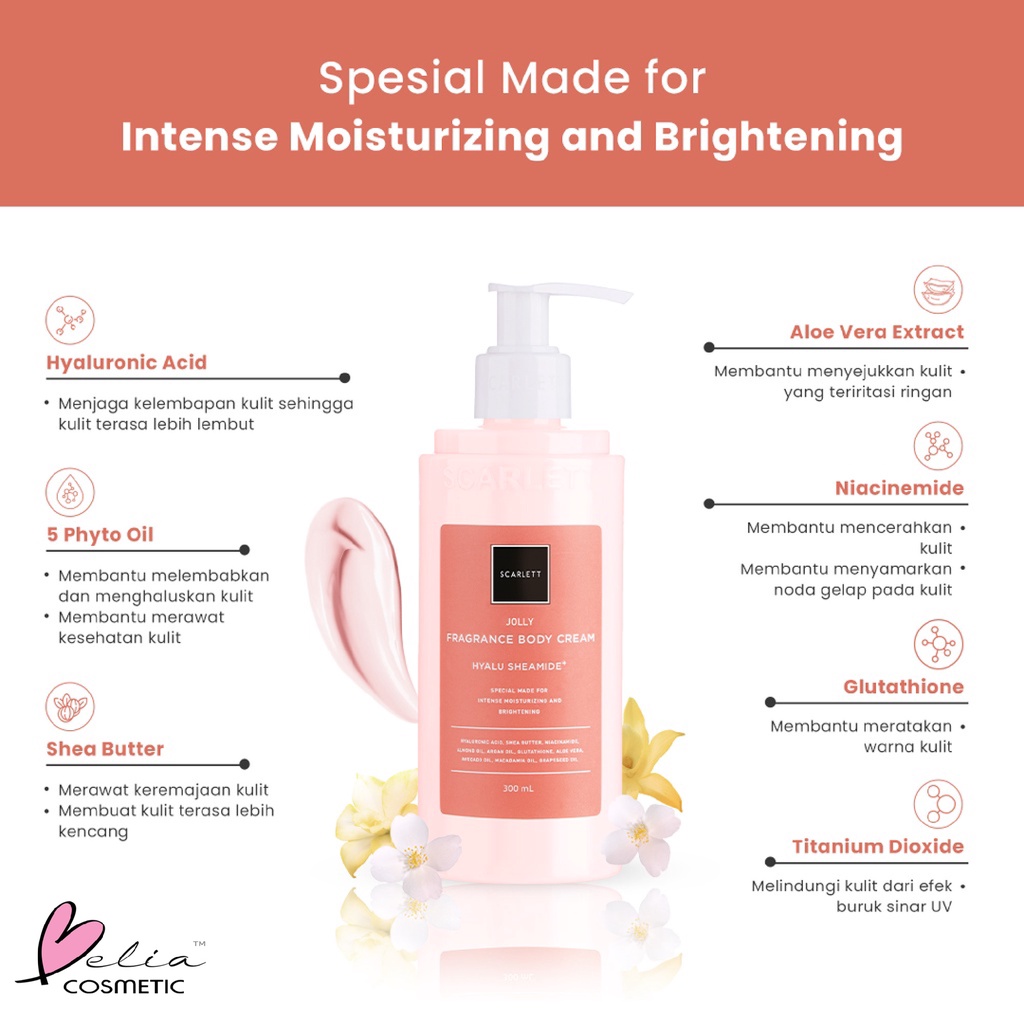 ❤ BELIA ❤ SCARLETT Whitening Body Cream 300ml | 4X More Moisturizing | Intense Moisturizing and Brightening | BPOM