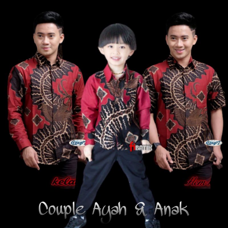 Couple Batik Ayah Dan Anak Laki-laki // Kemeja Batik Pria Dewasa Dan Anak Cowok Motif klabang merah /Warna Hitam Motif Klabang merah/couple jumbo