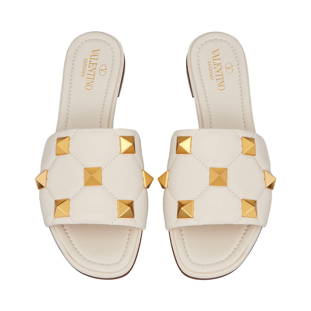 VLTN Garavani Roman Stud Slide Sandal In Quilted Nappa Light Ivory