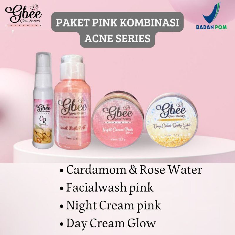 [Miffglow] Gbee glow beauty paket acne kinclong medium cardamom &amp;rose water obat jerawat anti acne glow beauty paket pink