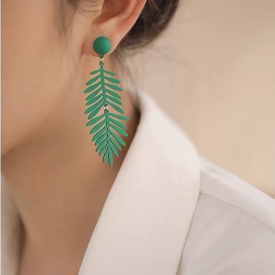 Anting 925 Silver Needle Bentuk Daun Hijau Gaya Retro Korea Hong Kong