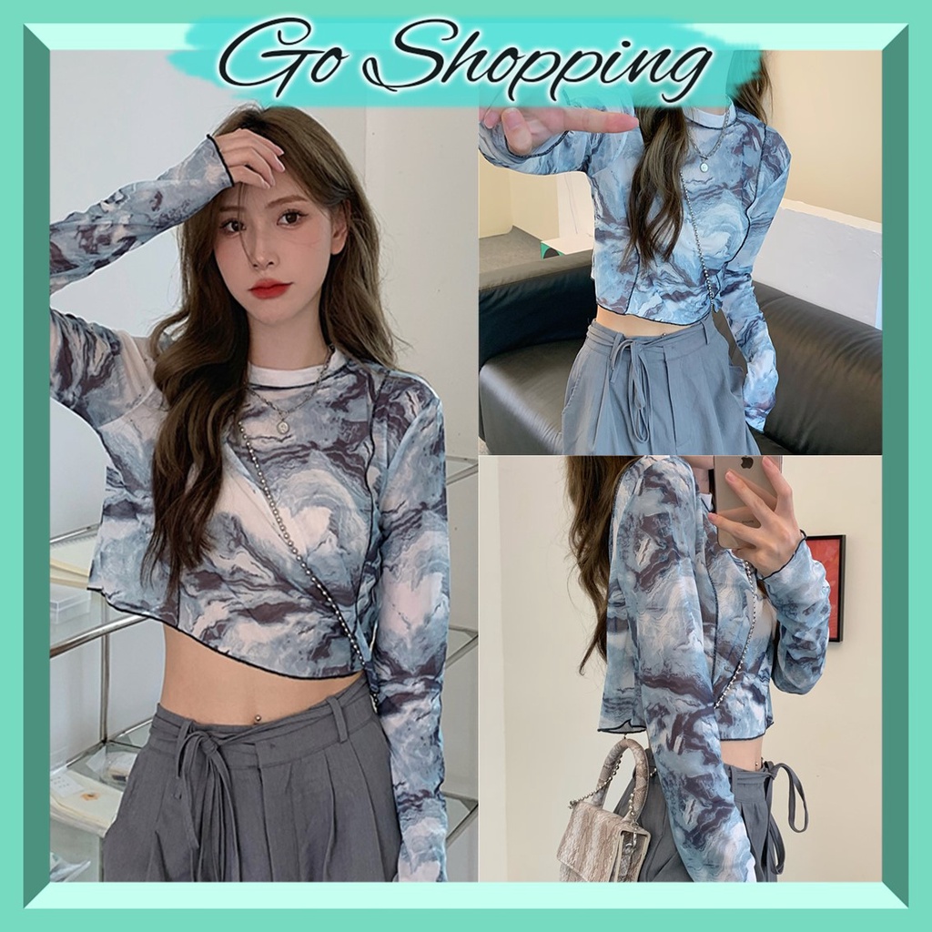 GO! BJ982 Baju Wanita Lengan Panjang  Crop Top Vintage Abstak Kemeja Korea Katun Rayon Cotton Fashion