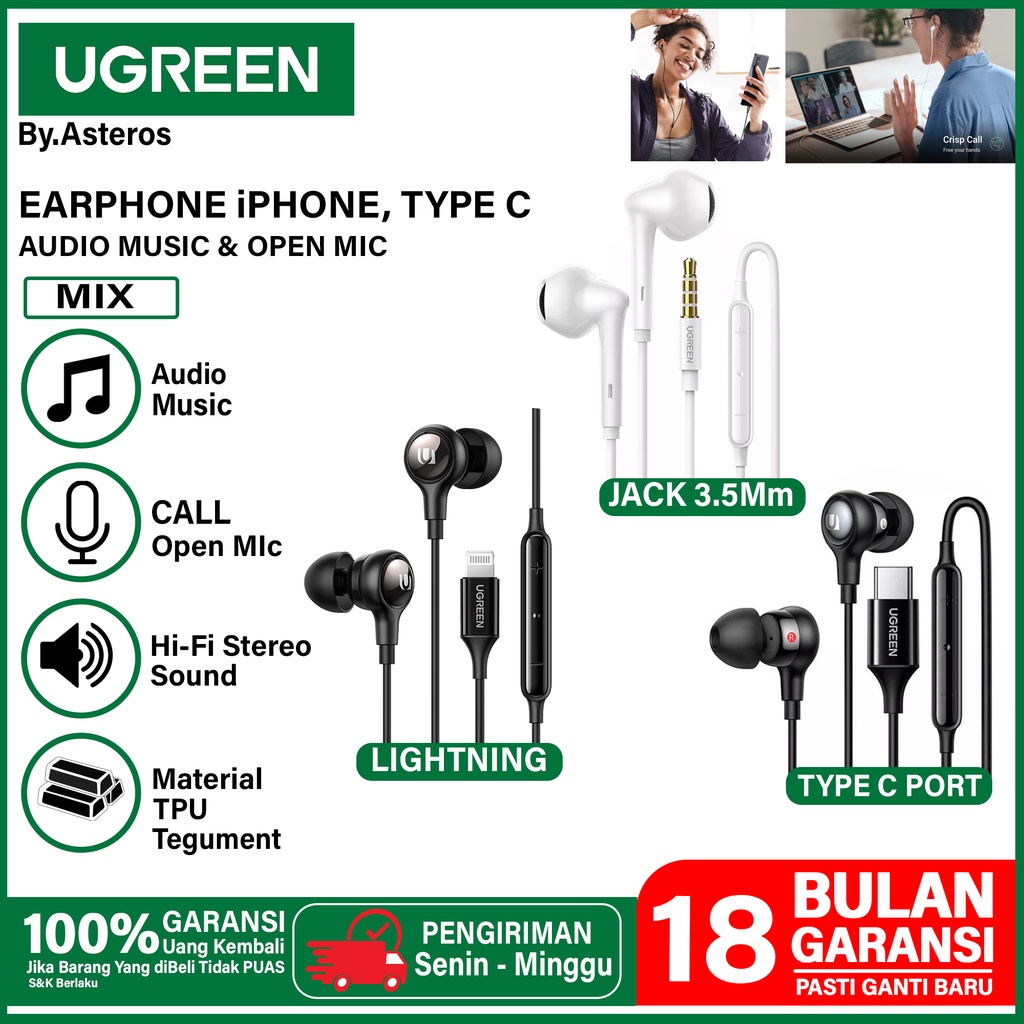 Earphone Handsfree Headset UGREEN iPhone Lightning Jack 3.5mm Type C ON Mic Original