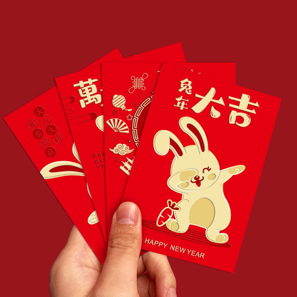 6 Pcs Amplop Angpao Tahun Baru Cina / Imlek Motif Kartun Kelinci Warna Merah 2023