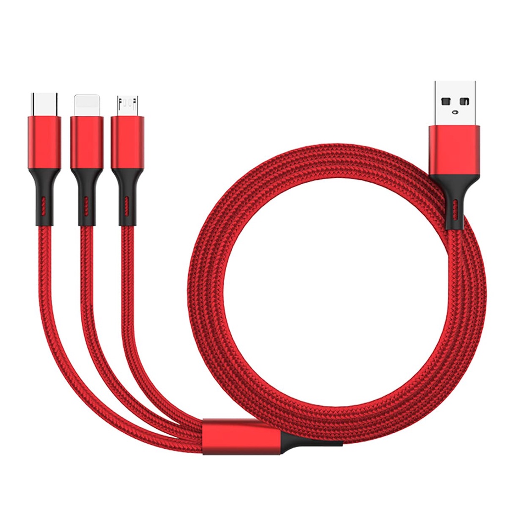Actual【COD】Max 3A Untuk Iphone / Android Kabel Data USB 3 in 1 Fast Charger iOS + Micro USB + Type C Quick Chargre 1.2M Nylon Braided Cable
