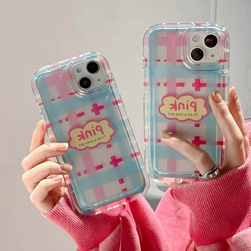 Soft Case TPU Silikon Transparan Motif Kotak-Kotak Pink Untuk IPhone 14 13 12 11 Pro XR X XS Max 8 7 6S Plus