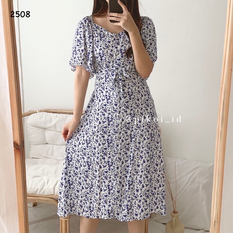 Dress Korea / Floral Dress Merah / Dress Merah Natal / Dress Imlek / Dress Motif Bunga Summer / Dres Korea / 2508