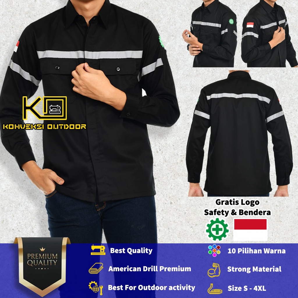 KEMEJA WEARPACK BAJU SAFETY K3 OUTDOOR INDOOR - Seragam Kemeja Kerja Lapangan Lengan Panjang Proyek Bangunan Tambang Alat Berat PLN Enginer Instalasi Mesin werpek sefti Scotlit Warna Hitam Konveksi Outdoor