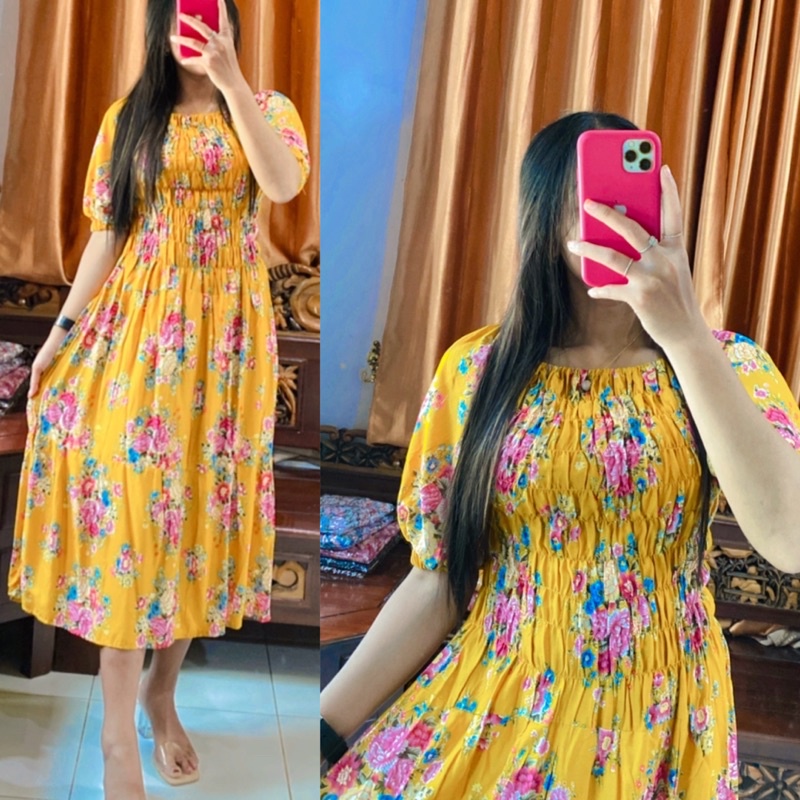 Daster bali smoke best seller / Daster kerut rok susun jumbo LD 120 lengan balon / Dress kerut