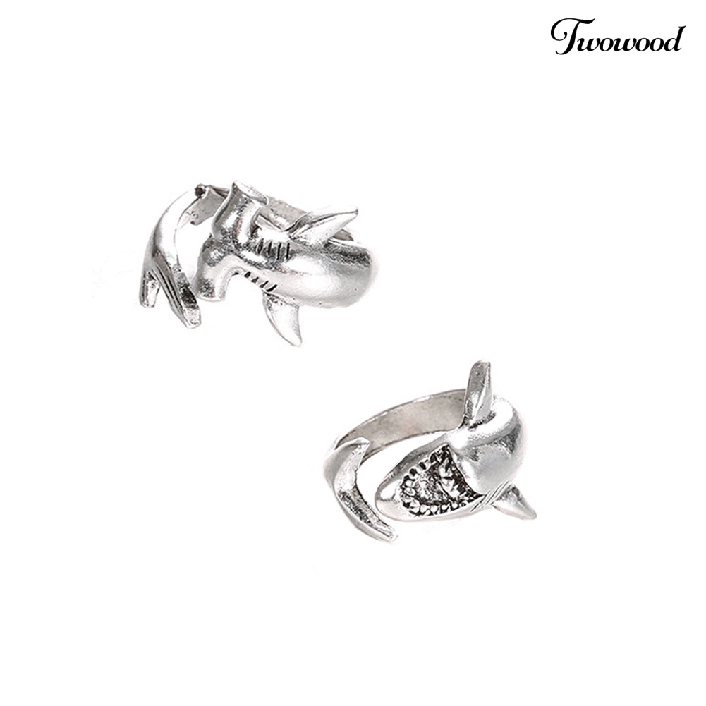 2pcs / Set Cincin Model Terbuka Bahan Alloy Bentuk Hiu Gaya Vintage Adjustable Untuk Unisex