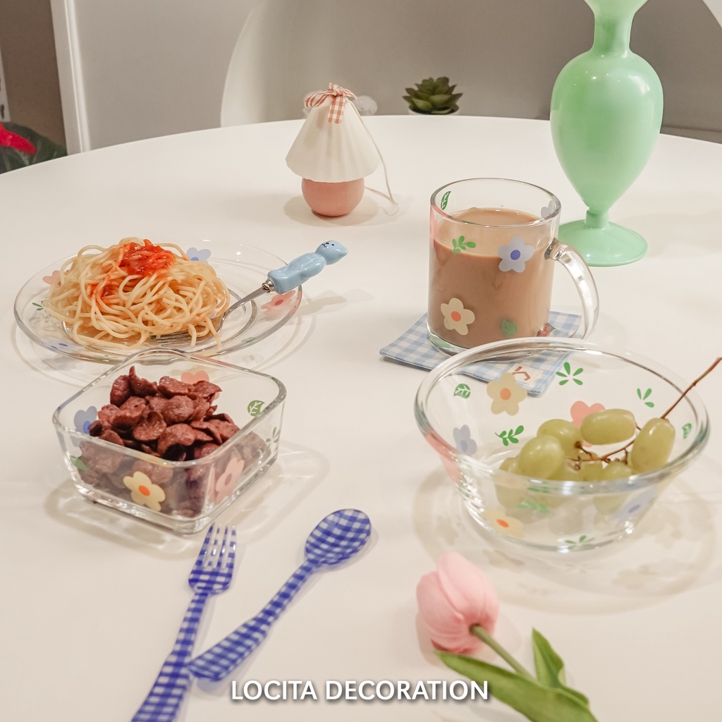 INS Flower Transparent Ceramic Tableware Aesthetic Korea Homecafe/Peralatan Makan Piring Gelas Mangk