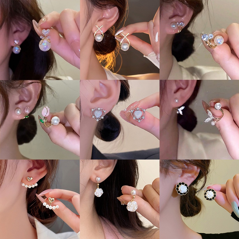 Anting Stud Desain Bunga Camellia / Tulip / Pita / Hati / Kupu-Kupu Hias Kristal / Mutiara Untuk Wanita Butterfly