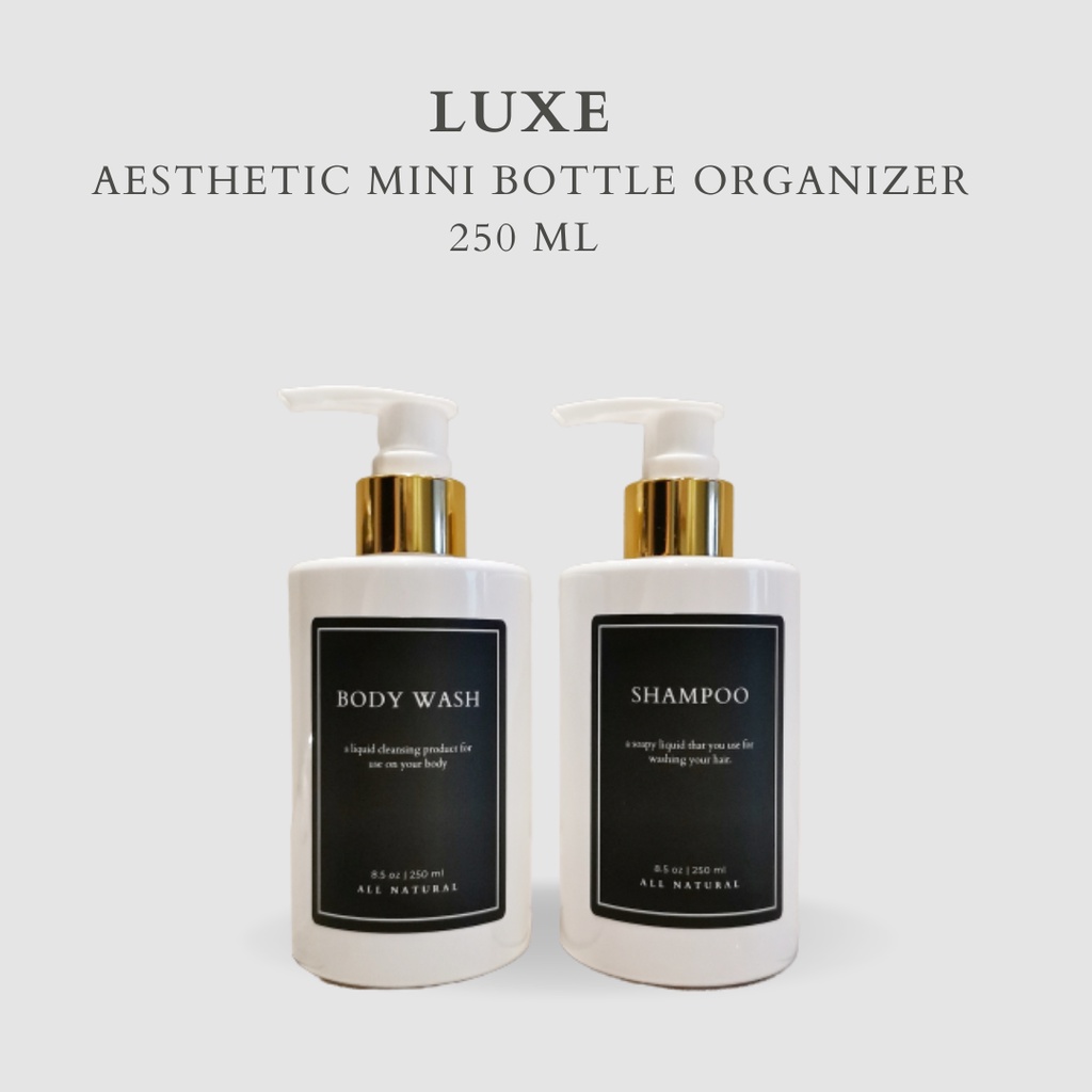 LUXE Botol MINI PUTIH Label KOTAK HITAM 250 ml Aesthetic Bottle Refill | Botol refill sabun /botol refill sabun/ botol isi ulang/botol sabun refill/botol sabun/botol pump/botol anak/bathroom organizer/bathroom amenities