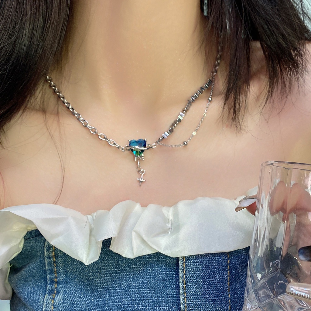 Kalung Rantai Dengan Liontin Mutiara Bentuk Hati Warna Biru Hijau Gradasi Untuk Aksesoris