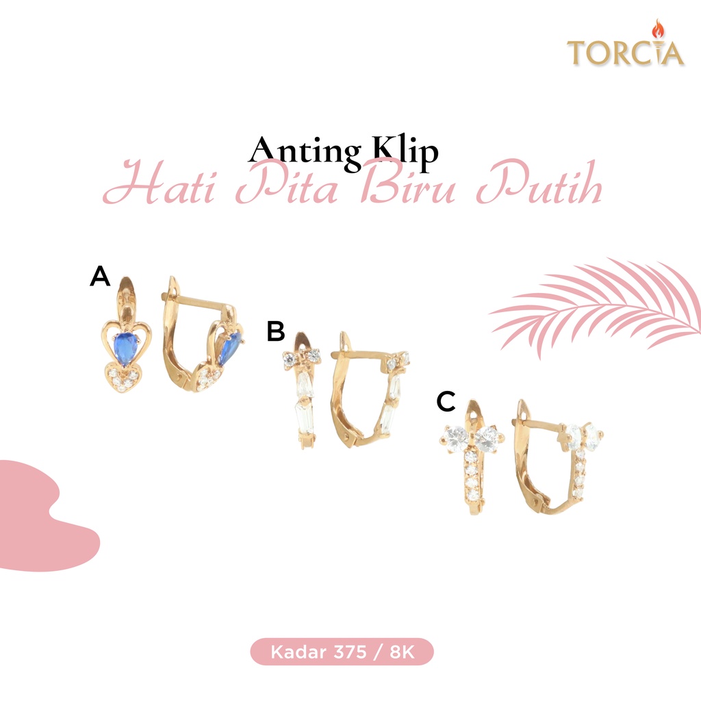 Anting Klip Emas Asli Hati Pita Biru Putih Kadar 375 Torcia