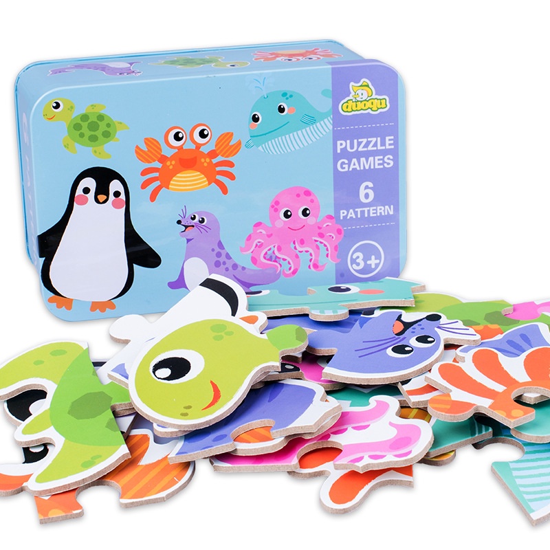 Duoqu Puzzle Games 6 Pattern | 6in1 Wooden Jigsaw Puzzle in a Tin Box | Puzzel Kayu Kotak Kaleng Tinbox 6 in 1 | Hewan Binatang Dinosaurus Transportasi Kendaraan Lucu | Mainan Edukatif Edukasi Anak Balita Bayi My First Step