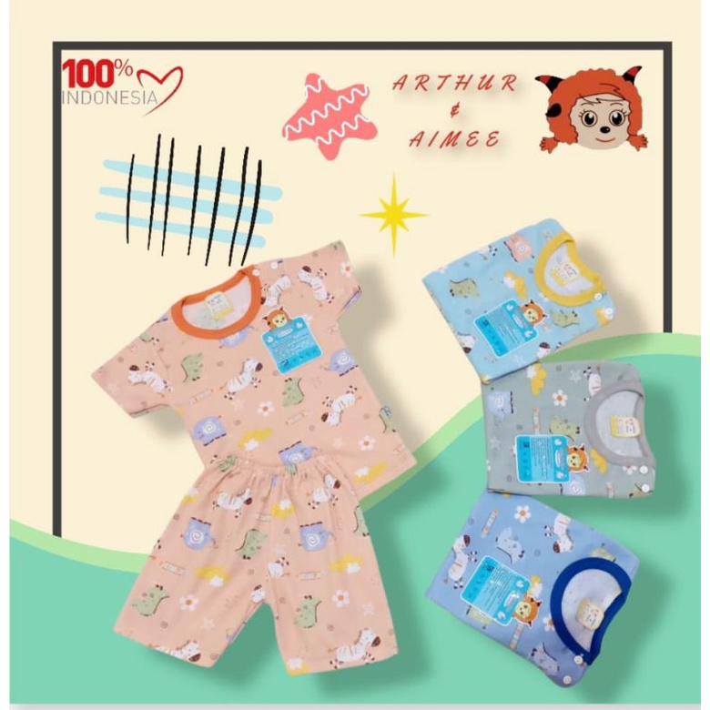 3 Pcs Arthur Setelan Baju Oblong Pendek Print Boneka Size S,M,L,XL