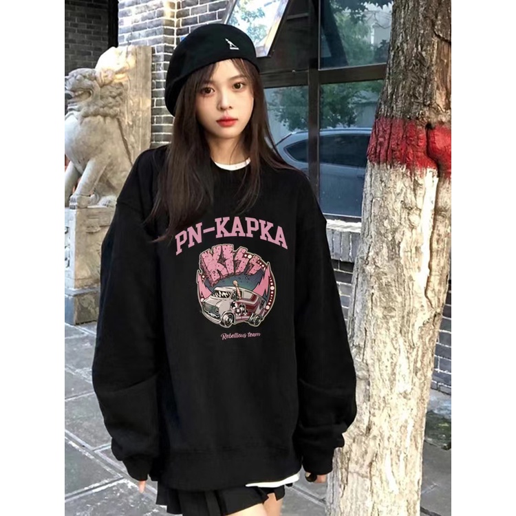 2 warna Korean Style Sweter Wanita AtasanLetters car printing kaos wanita lengan panjang