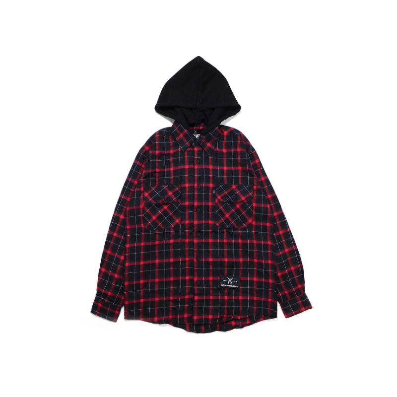 Rock In Celebes - Flannel Hoodie Shirt Black Red Kemeja Lengan Panjang Pria Unisex