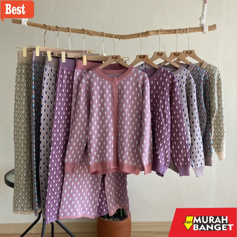 baju setelan wanita kekinian 2022 Ruby Knit One Set / Baju Setelan Celana Kulot Rajut Wanita Import