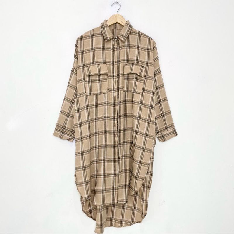 tunik wanita oversize motif kotak bahan flanel
