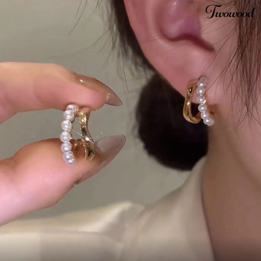 1 Pasang Anting Stud Mutiara Tiruan Lapisan Ganda Gaya Korea Untuk Pesta Pernikahan