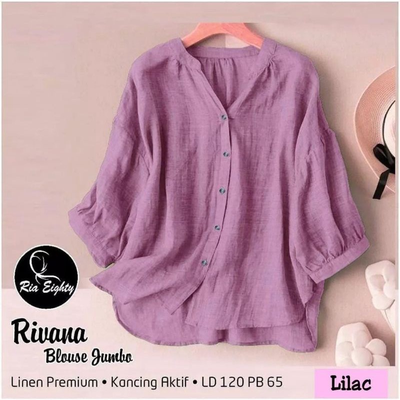 RIVANA BLOUSE JUMBO | Kemeja Polos Wanita Kerah Shanghai Bahan Linen LD 120 | Baju Atasan Wanita Korean Style